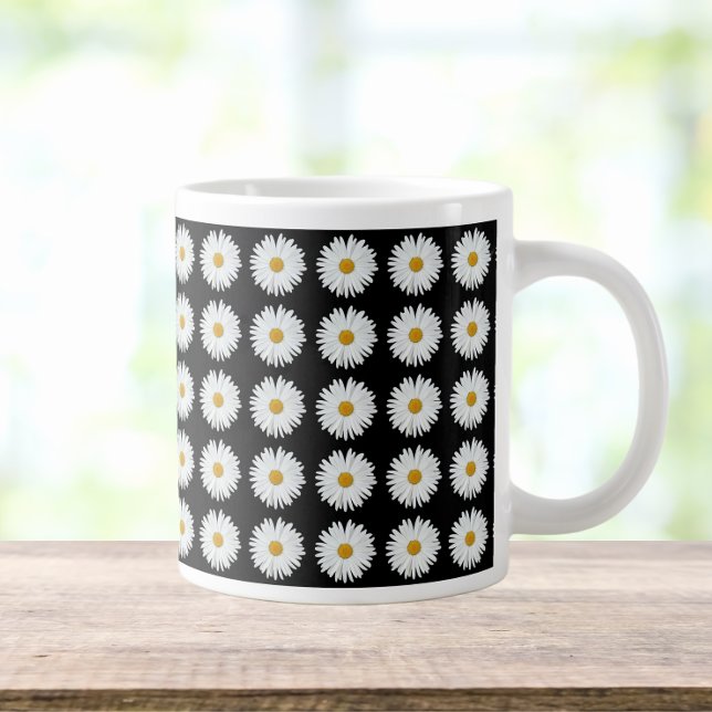 White Daisy Floral Pattern on Black Large Coffee Mug (In Situ)