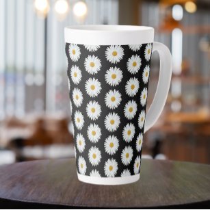White Daisy Floral Pattern on Black Latte Mug