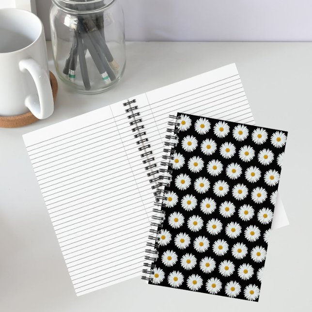White Daisy Floral Pattern on Black Notebook (In Situ)
