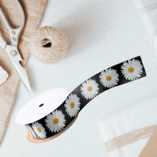 White Daisy Floral Pattern on Black Satin Ribbon