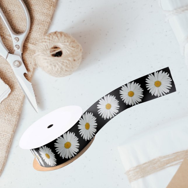White Daisy Floral Pattern on Black Satin Ribbon (In Situ)