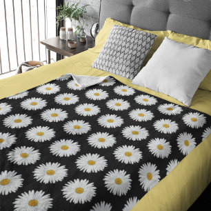 White Daisy Floral Pattern on Black Sherpa Blanket