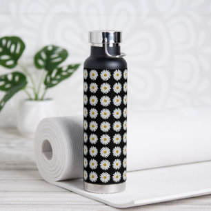 White Daisy Floral Pattern on Black Water Bottle