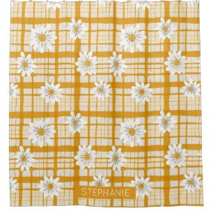 White Daisy Floral Pattern on Yellow Gingham