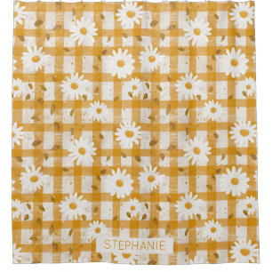 White Daisy Floral Pattern on Yellow Gingham (2)
