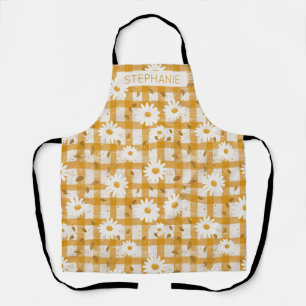 White Daisy Floral Pattern on Yellow Gingham (2) Apron