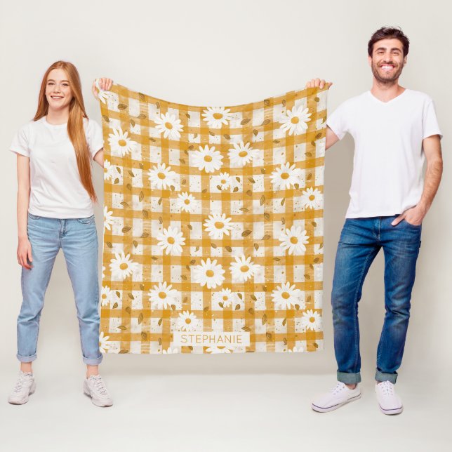 White Daisy Floral Pattern on Yellow Gingham (2) Fleece Blanket (In Situ)