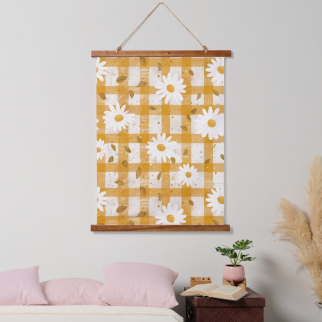 White Daisy Floral Pattern on Yellow Gingham (2) Hanging Tapestry (Bedroom)