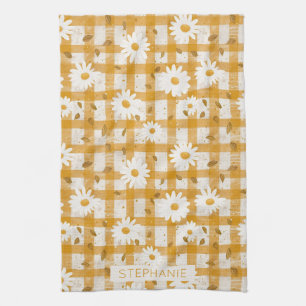 White Daisy Floral Pattern on Yellow Gingham (2) Kitchen Towel