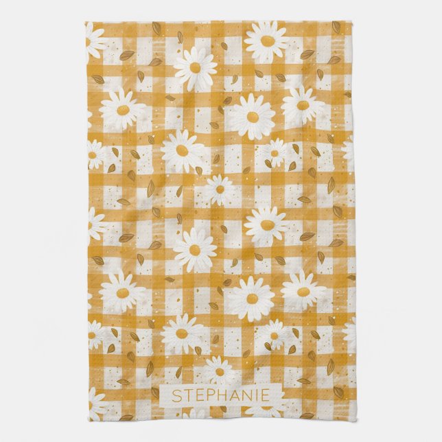 White Daisy Floral Pattern on Yellow Gingham (2) Kitchen Towel (Vertical)