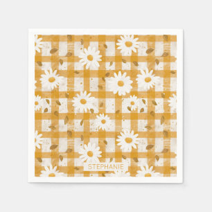 White Daisy Floral Pattern on Yellow Gingham (2) Napkin