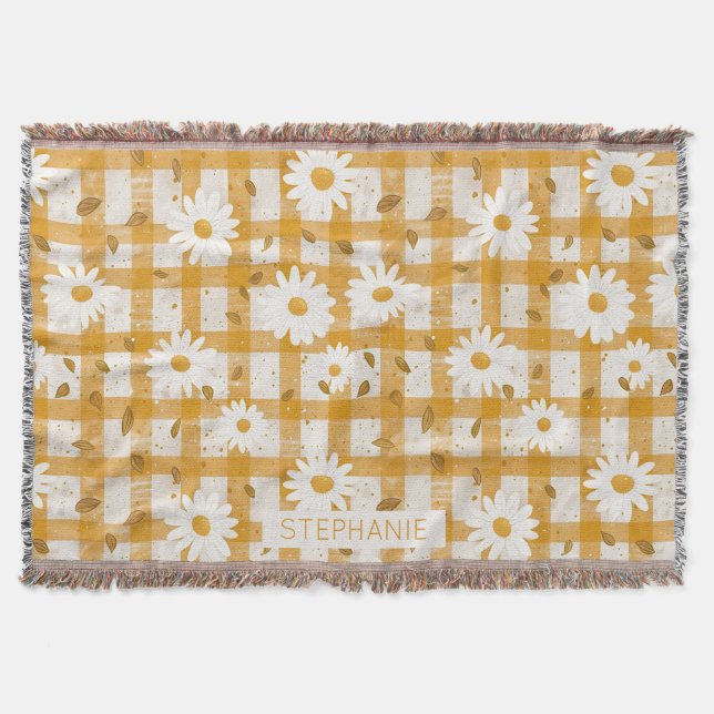 White Daisy Floral Pattern on Yellow Gingham (2) Throw Blanket (Front)