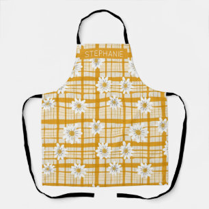 White Daisy Floral Pattern on Yellow Gingham Apron