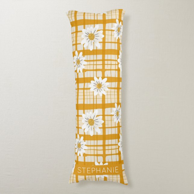 White Daisy Floral Pattern on Yellow Gingham Body Pillow (Front Vertical)