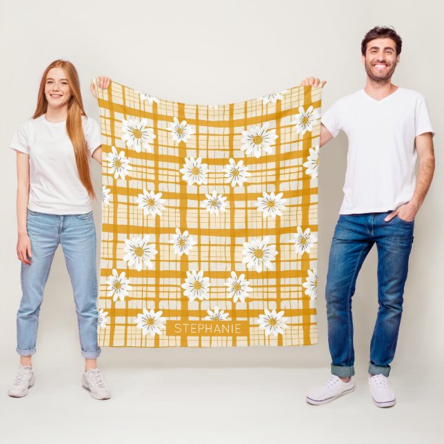White Daisy Floral Pattern on Yellow Gingham Fleece Blanket (In Situ)