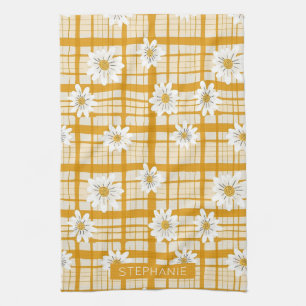White Daisy Floral Pattern on Yellow Gingham Kitchen Towel