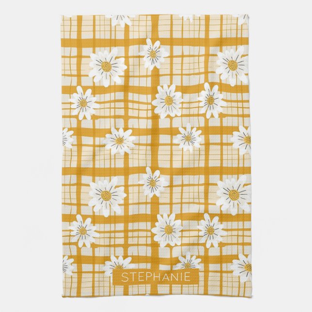 White Daisy Floral Pattern on Yellow Gingham Kitchen Towel (Vertical)