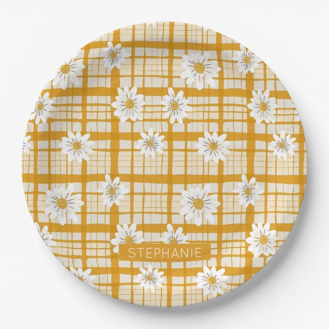 White Daisy Floral Pattern on Yellow Gingham Paper Plate (Front)