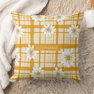 White Daisy Floral Pattern on Yellow Gingham Throw Pillow