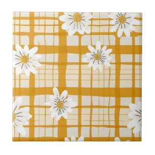 White Daisy Floral Pattern on Yellow Gingham Tile