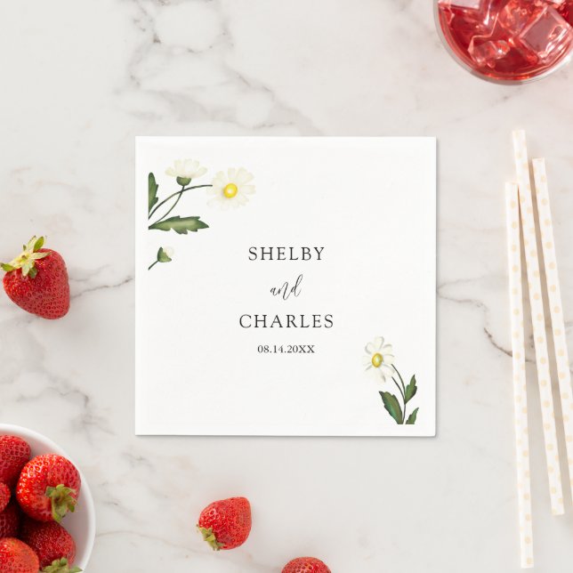 White Daisy Floral Rustic Wedding Napkin (Insitu)