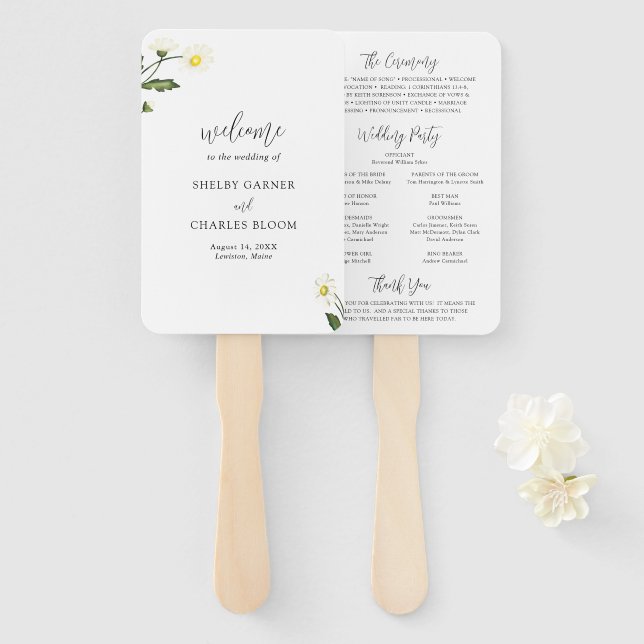 White Daisy Floral Rustic Wedding Program Hand Fan (Front and Back)