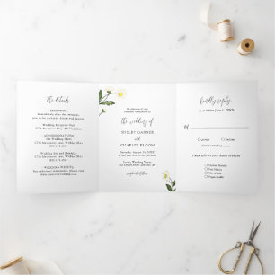 White Daisy Floral Rustic Wedding Tri-Fold Invitation