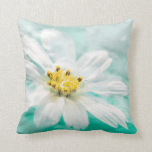 White Daisy Flower Blue Water Pond Aqua Turquoise Throw Pillow