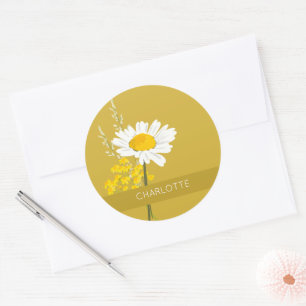White Daisy Flower Custom Name  Classic Round Sticker
