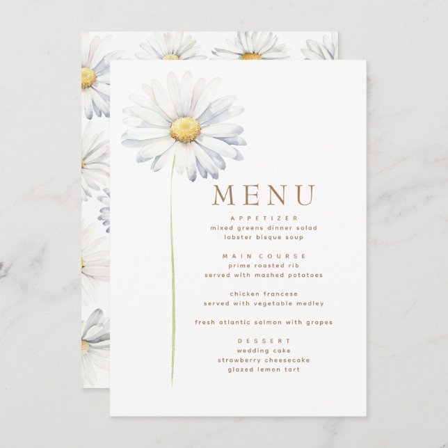 White Daisy Flower Elegant Wildflower Themed Menu (Front/Back)