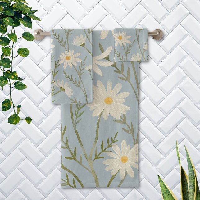 White Daisy Flower Floral Bath Towel Set (In situ Bathroom wall)