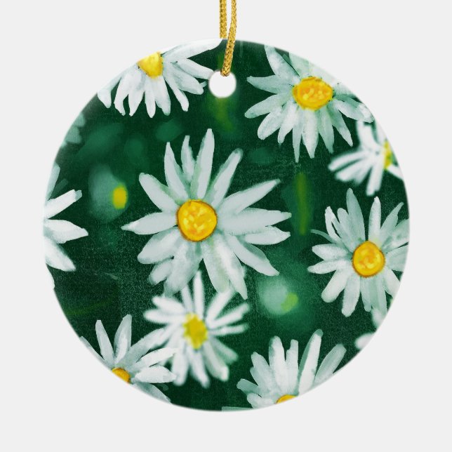 White Daisy Flower Gouache Pattern Ceramic Ornament (Front)