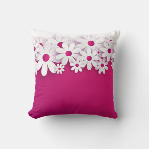 White Daisy Flower Magenta Pink Floral Home Accent Throw Pillow