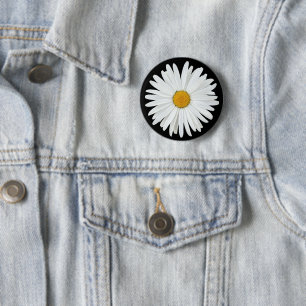 White Daisy Flower on Black Floral 2 Inch Round Button