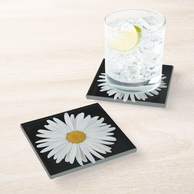 White Daisy Flower on Black Floral Glass Coaster (Angled)