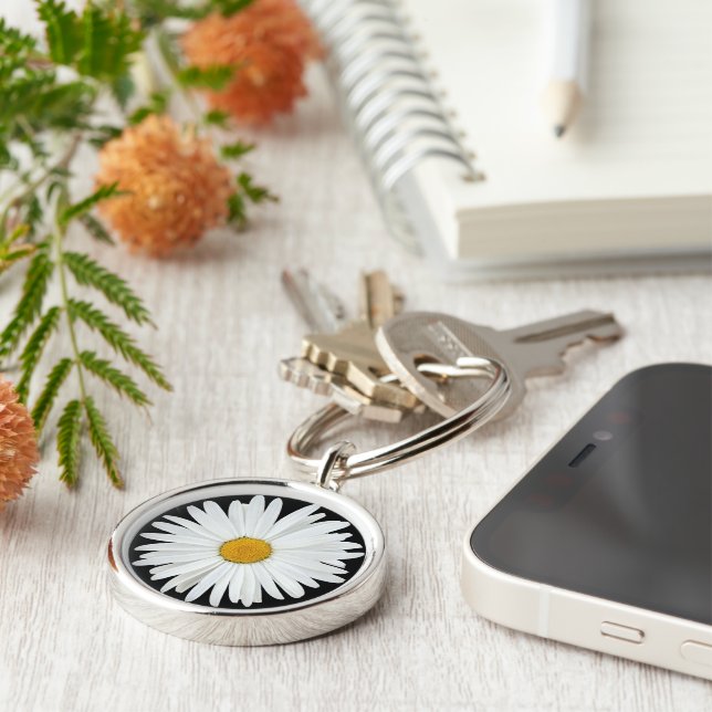 White Daisy Flower on Black Floral Keychain (Side)