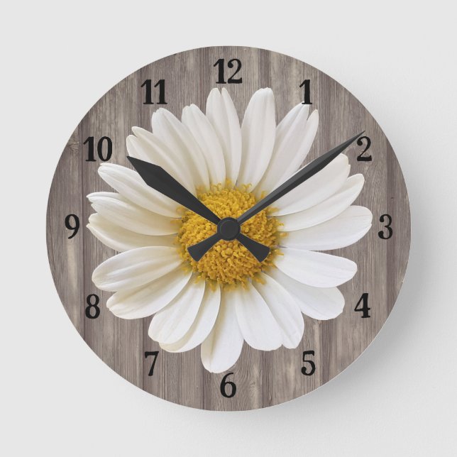 White Daisy Flower on Grey Wood Round Clock (Front)