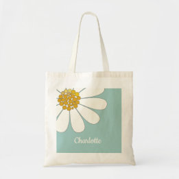 White Daisy Flower Personalize Name Birthday Tote Bag