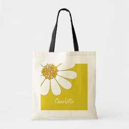White Daisy Flower Personalize Name Birthday Tote Bag