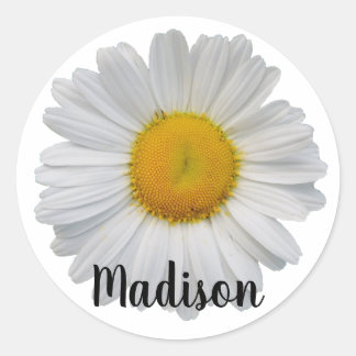 White Daisy Flower Personalized Name Classic Round Sticker