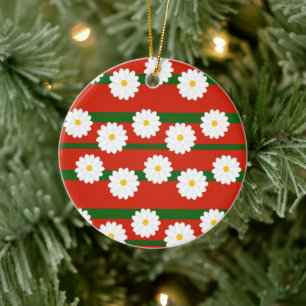 White Daisy Flower red Merry Christmas Holiday  Ceramic Ornament
