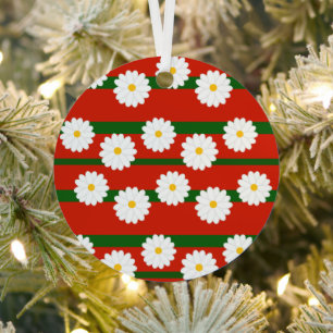 White Daisy Flower red Merry Christmas Holiday Metal Ornament