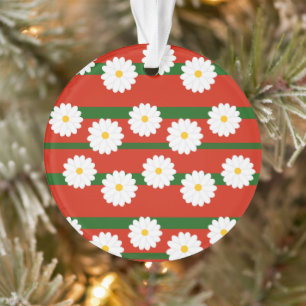 White Daisy Flower red Merry Christmas Holiday  Ornament
