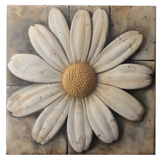 White Daisy Flower Stone Effect Tile (Front)