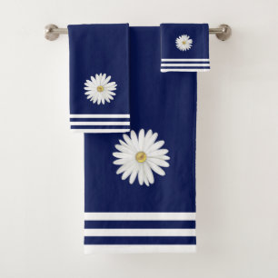 White Daisy Flower & Stripes on Navy Blue Bath Towel Set