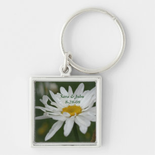 White Daisy Flower Wedding Date Keychain