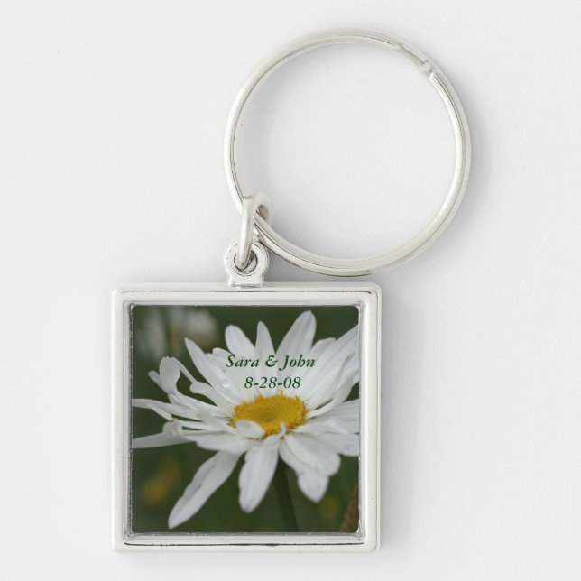 White Daisy Flower Wedding Date  Keychain (Front)
