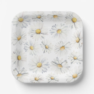 White Daisy Flowers Boho Elegant Cute Watercolor Paper Plate