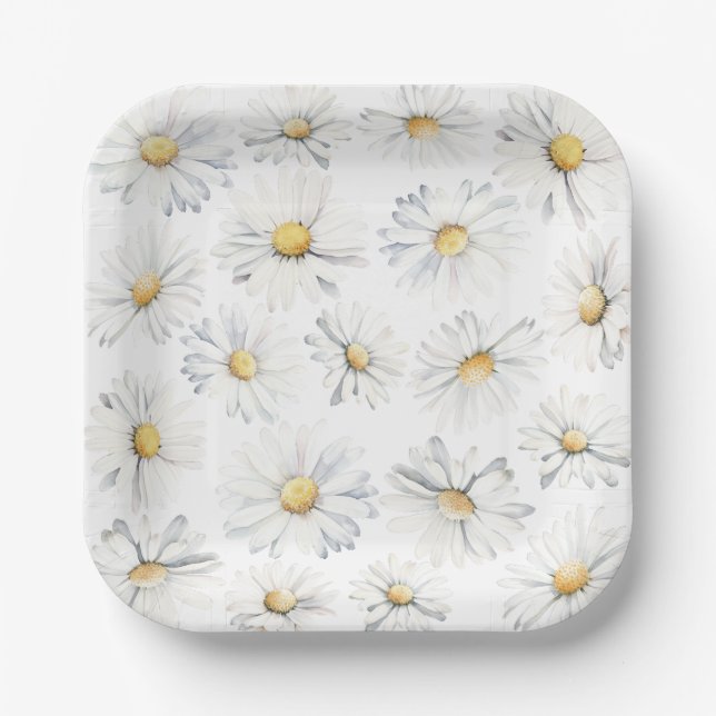 White Daisy Flowers Boho Elegant Cute Watercolor Paper Plate (Front)