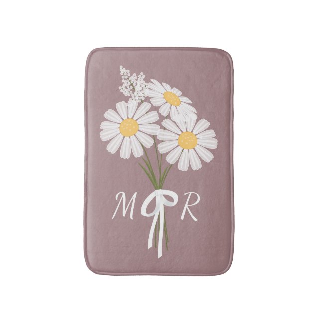 White Daisy Flowers Bouquet Monogram on Dark Pink Bath Mat (Front Vertical)